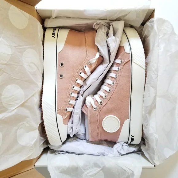 Stella McCartney Cotton Lace Up Sneakers Size 39 White Tan - Picture 7 of 11